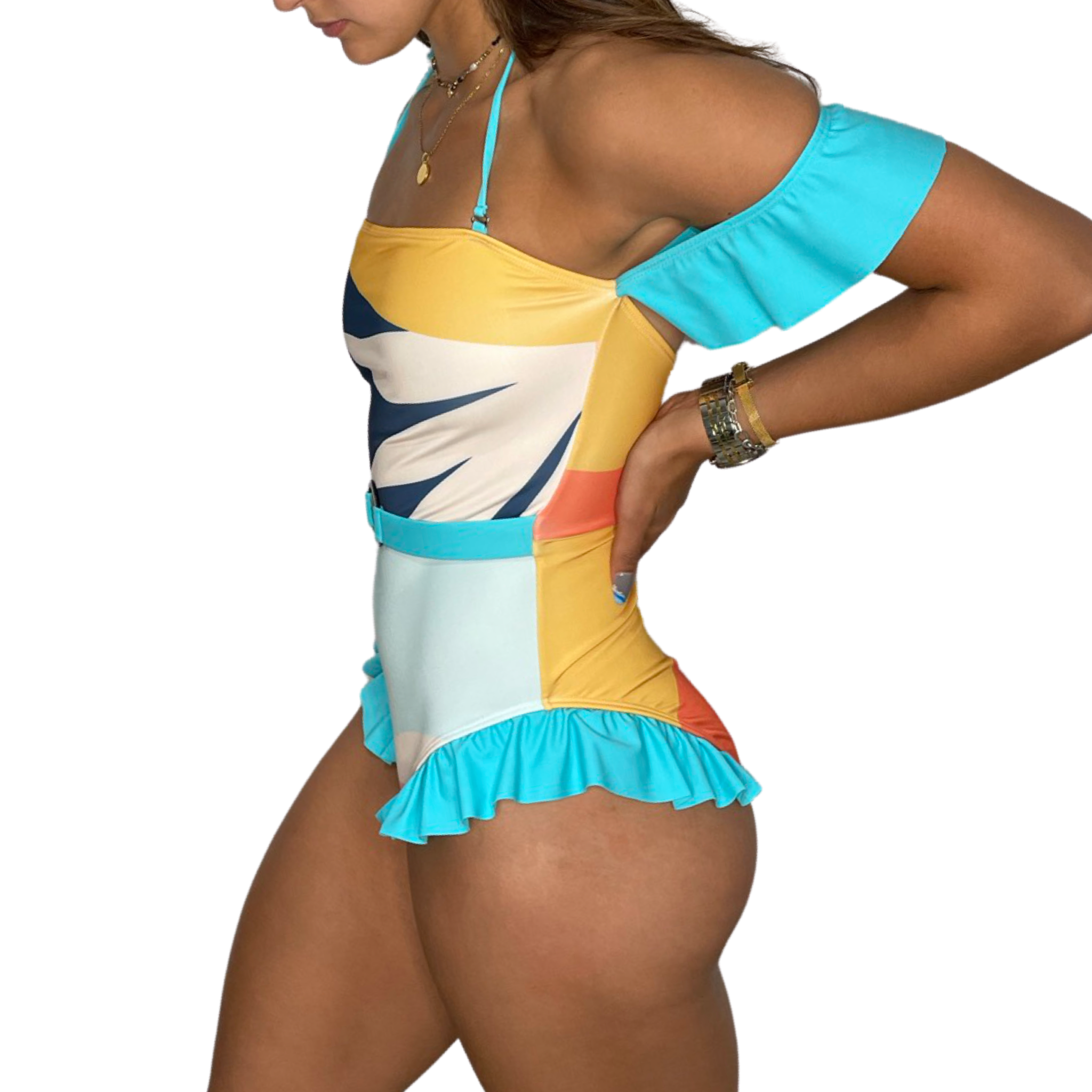 Misty Belted One Piece Swimsuit with Ruffle Sleeves