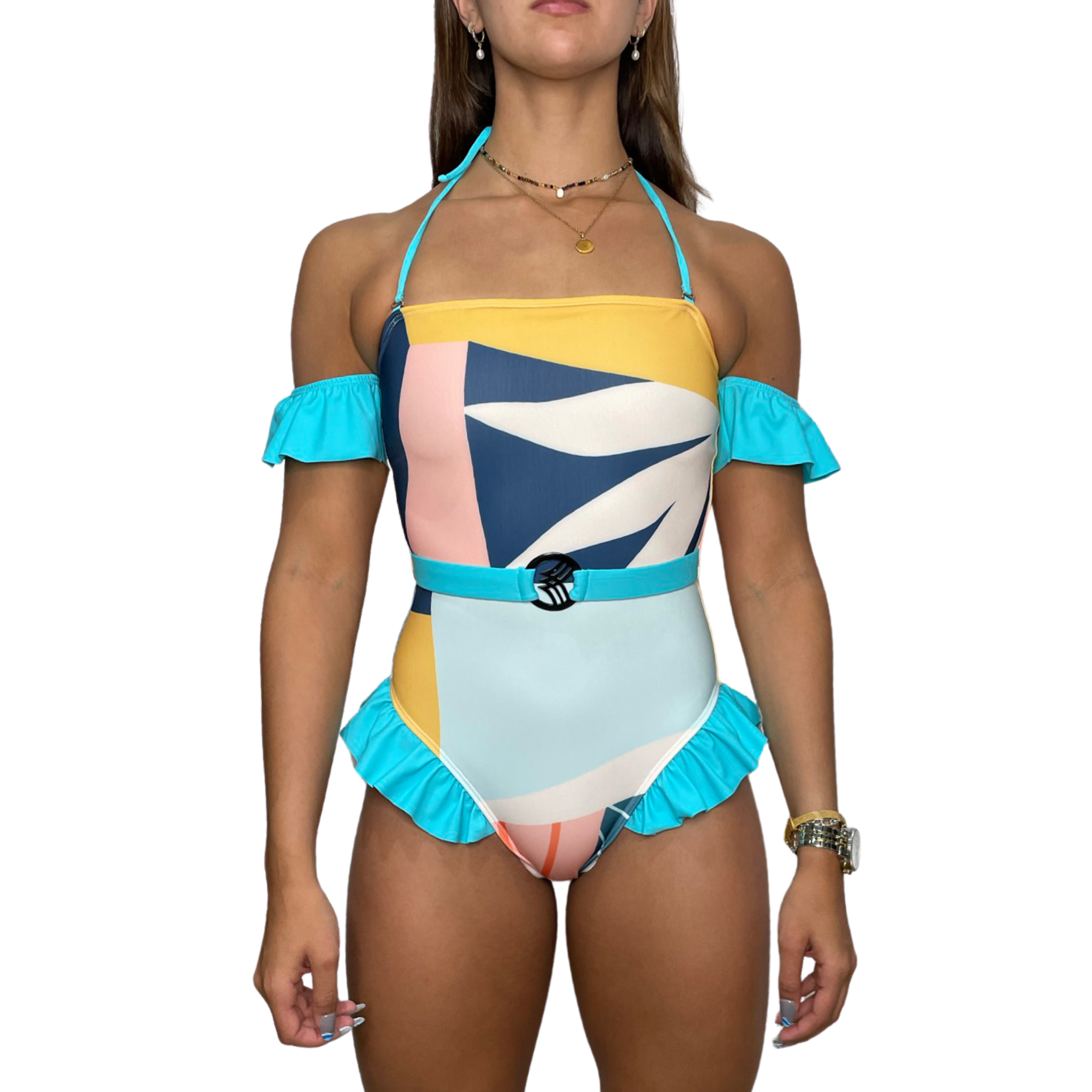 Misty Belted One Piece Swimsuit with Ruffle Sleeves